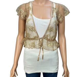 Y2K Xhilaration Lace Cardigan Large Gold Sheer Tied Front Cropped Fairy Metallic